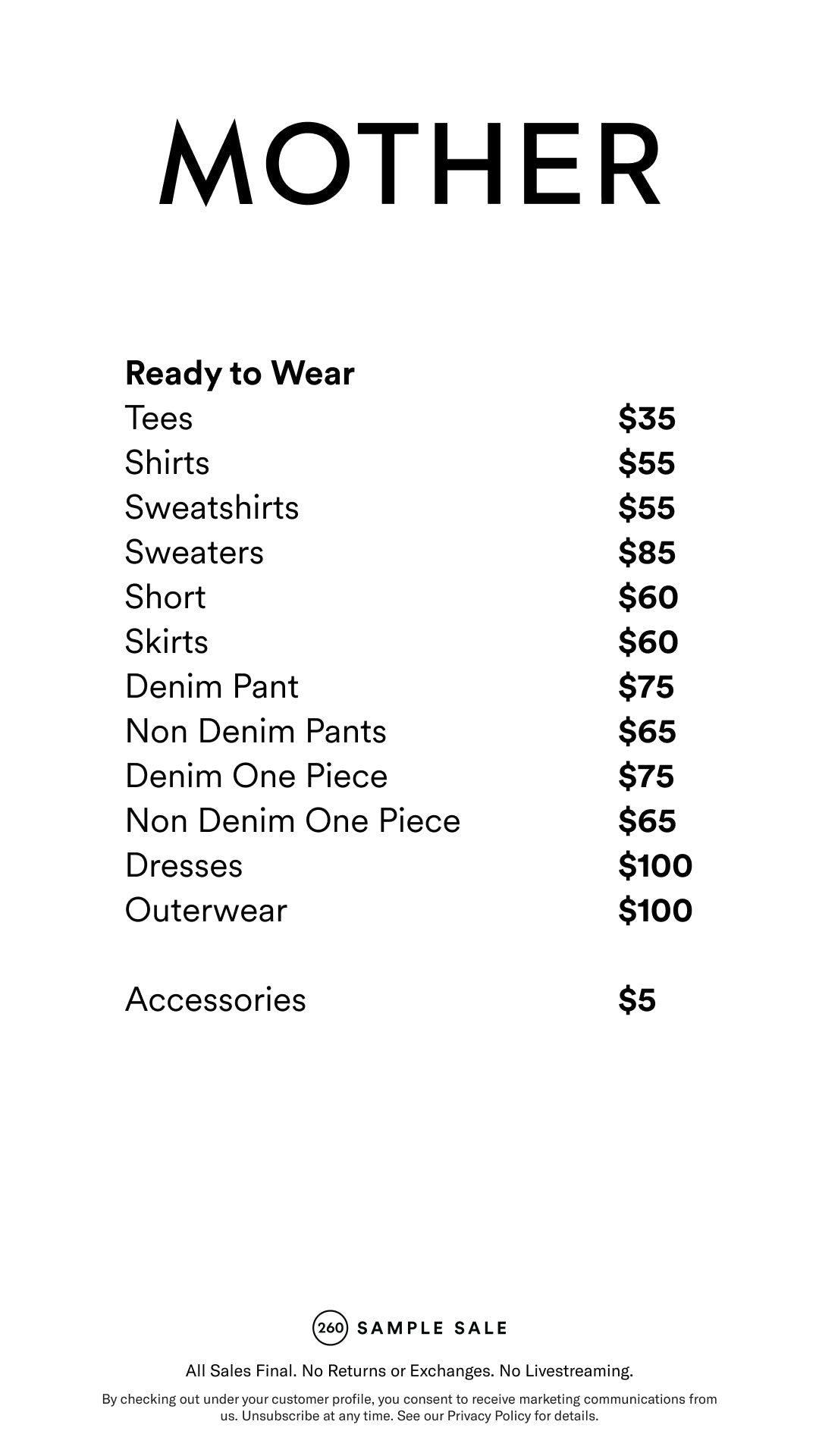 Price table