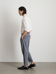 Men | Standard Pleated Pant | Striped Cotton Linen Navy x Blue x Ivory