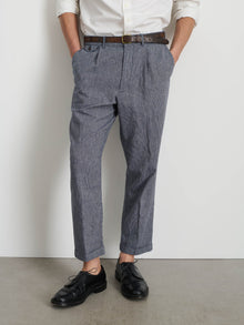 Men | Standard Pleated Pant | Striped Cotton Linen Navy x Blue x Ivory