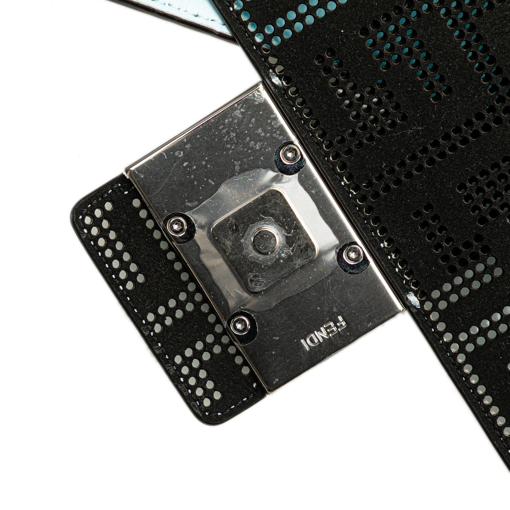 Fendi | Pre-Owned Medium Zucca Perforated Leather Baguette Messenger Bag | Blue/Light Blue