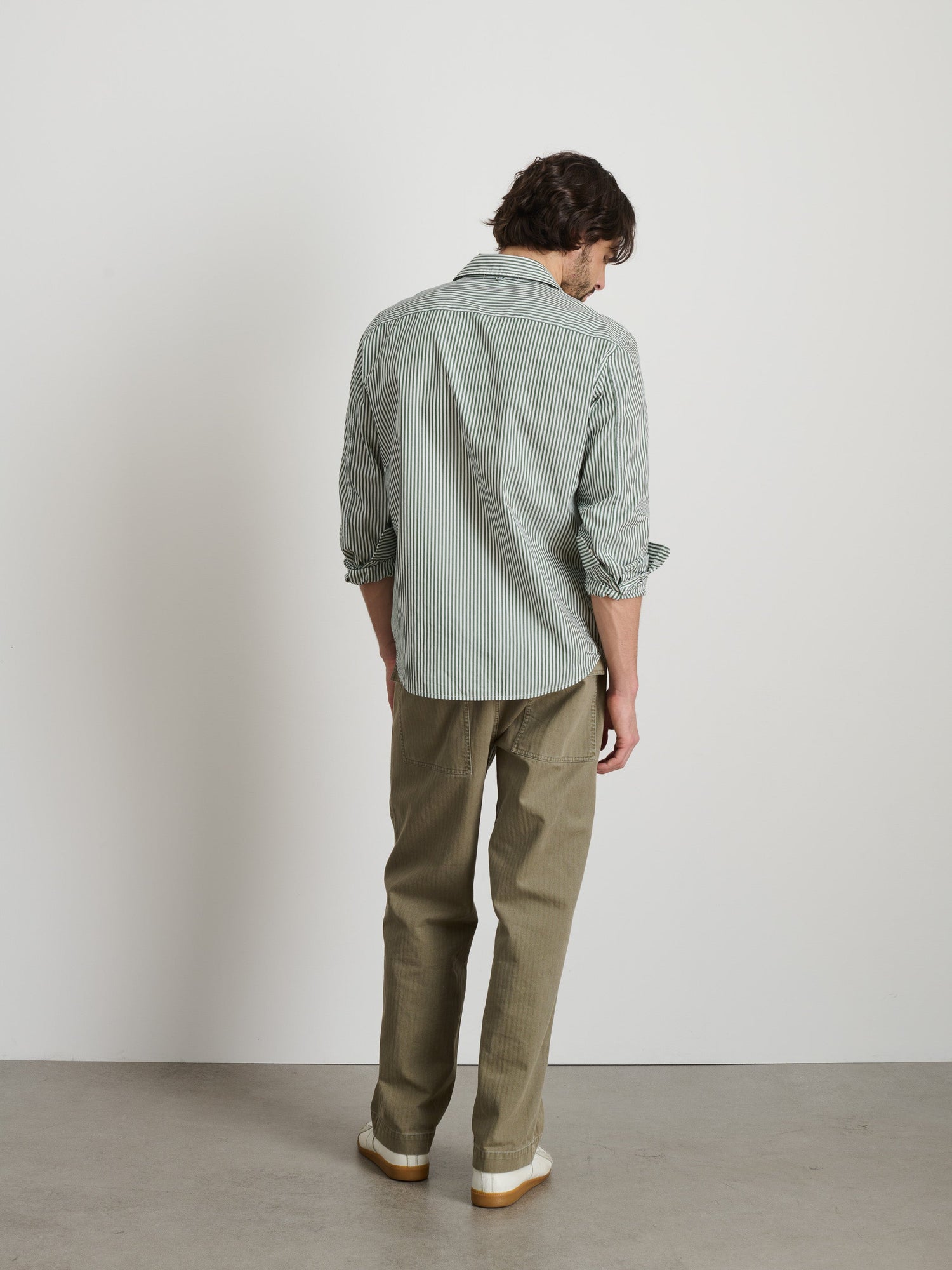Men | Mill Shirt | Striped Cotton Poplin Dark Green x White