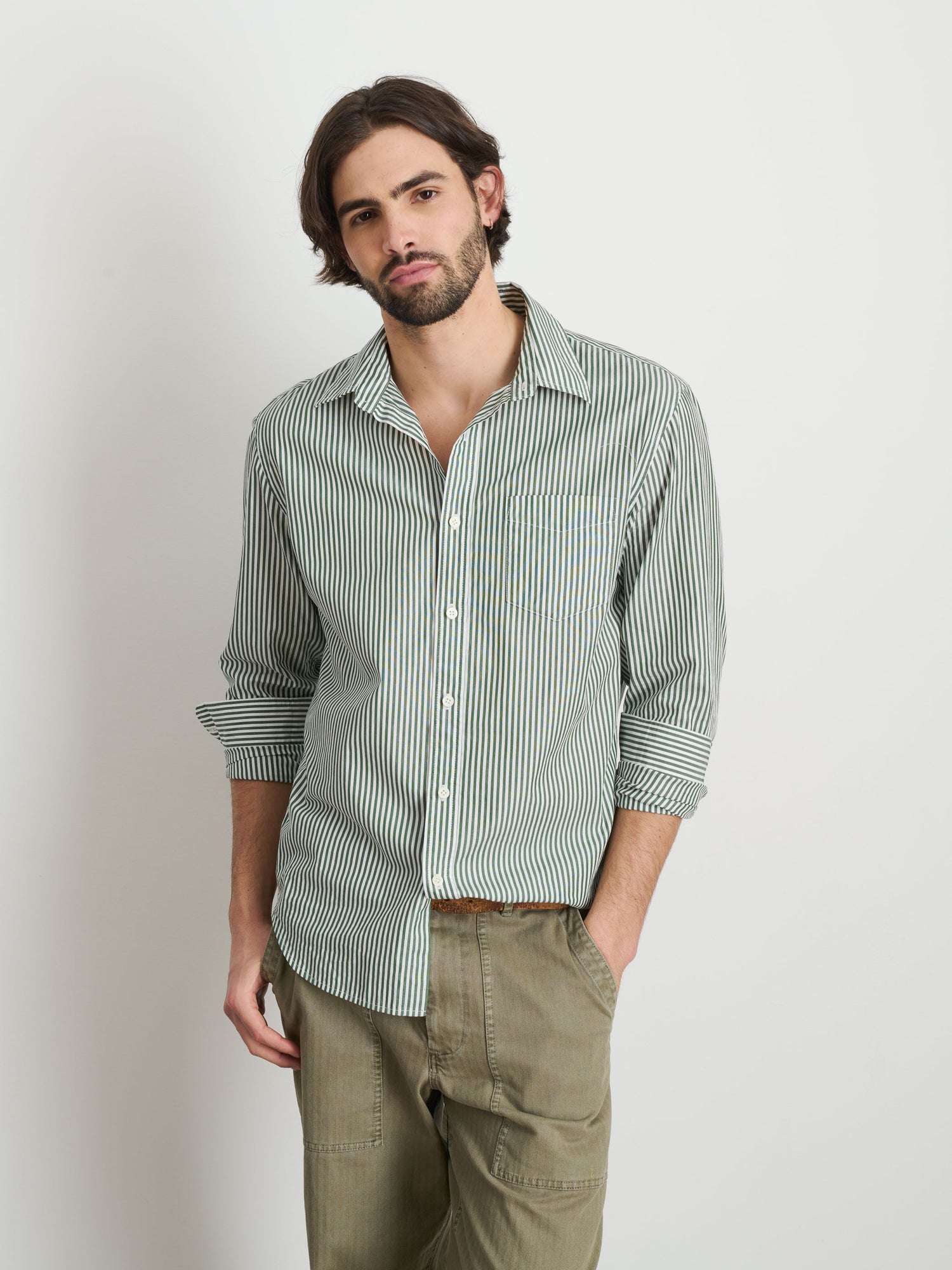Men | Mill Shirt | Striped Cotton Poplin Dark Green x White