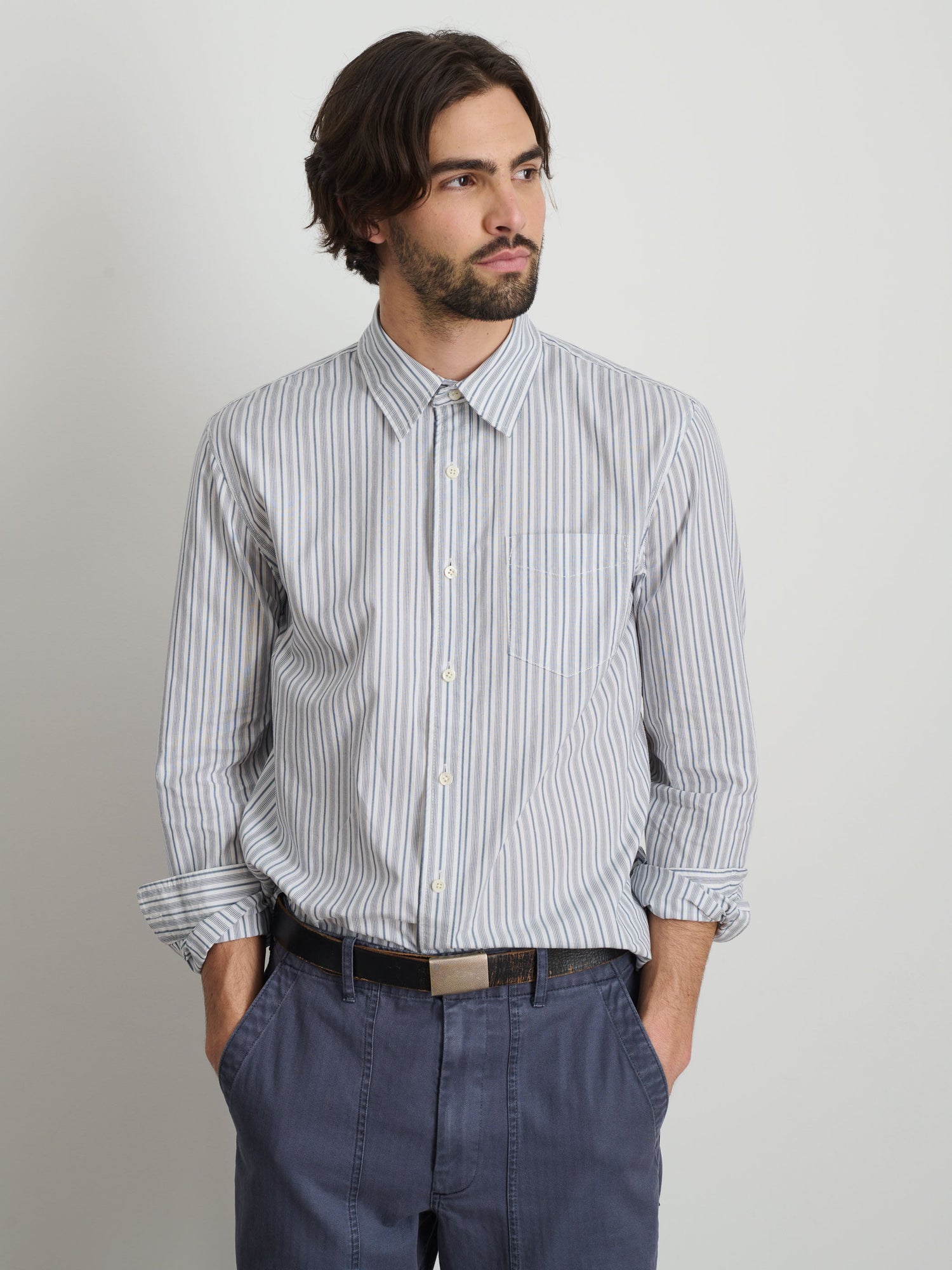 Men | Mill Shirt | Ticking Stripe Ivory x Blue x Navy Stripe