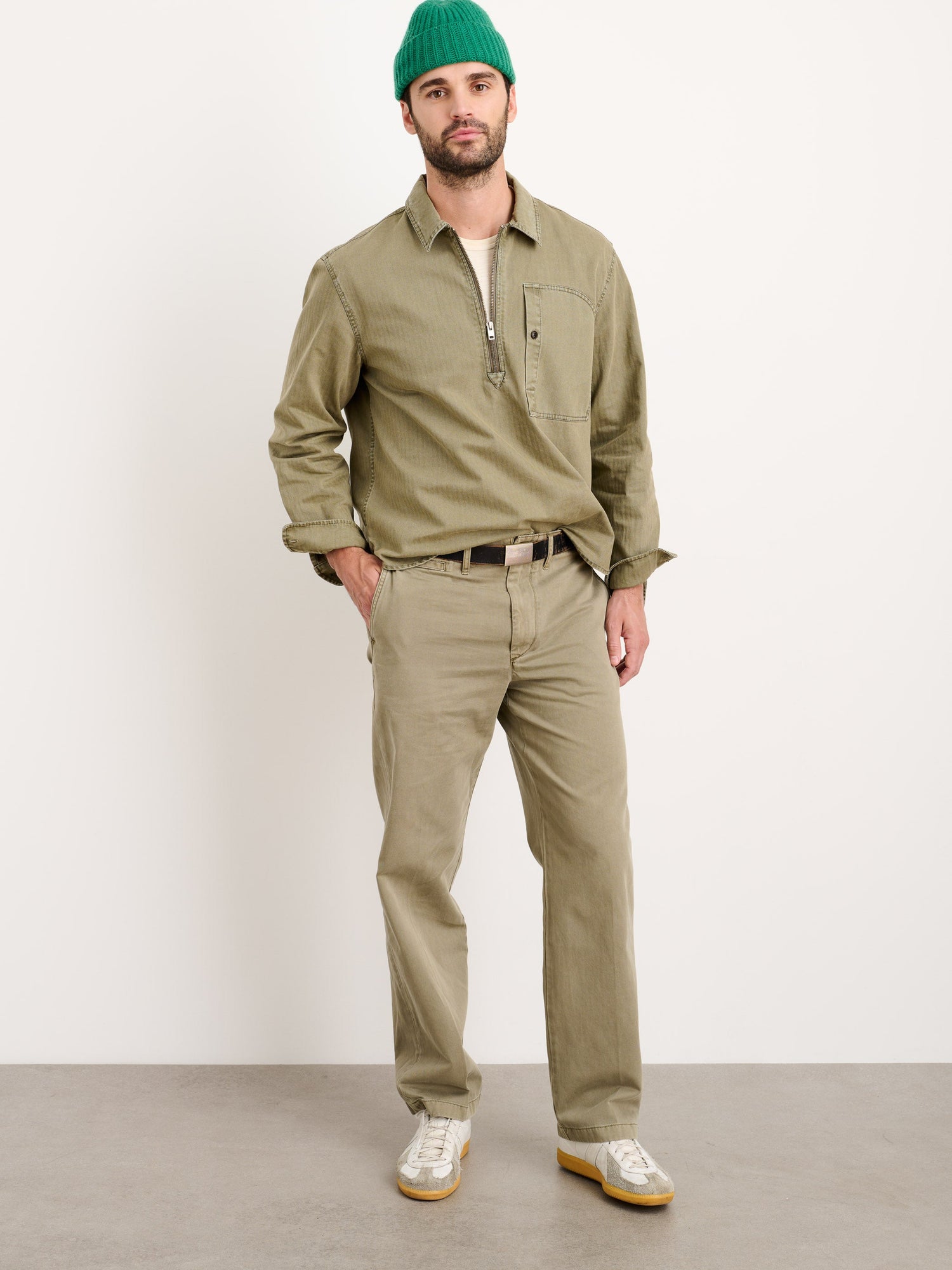 Men | Ryder Popover | Cotton Herringbone Faded Olive
