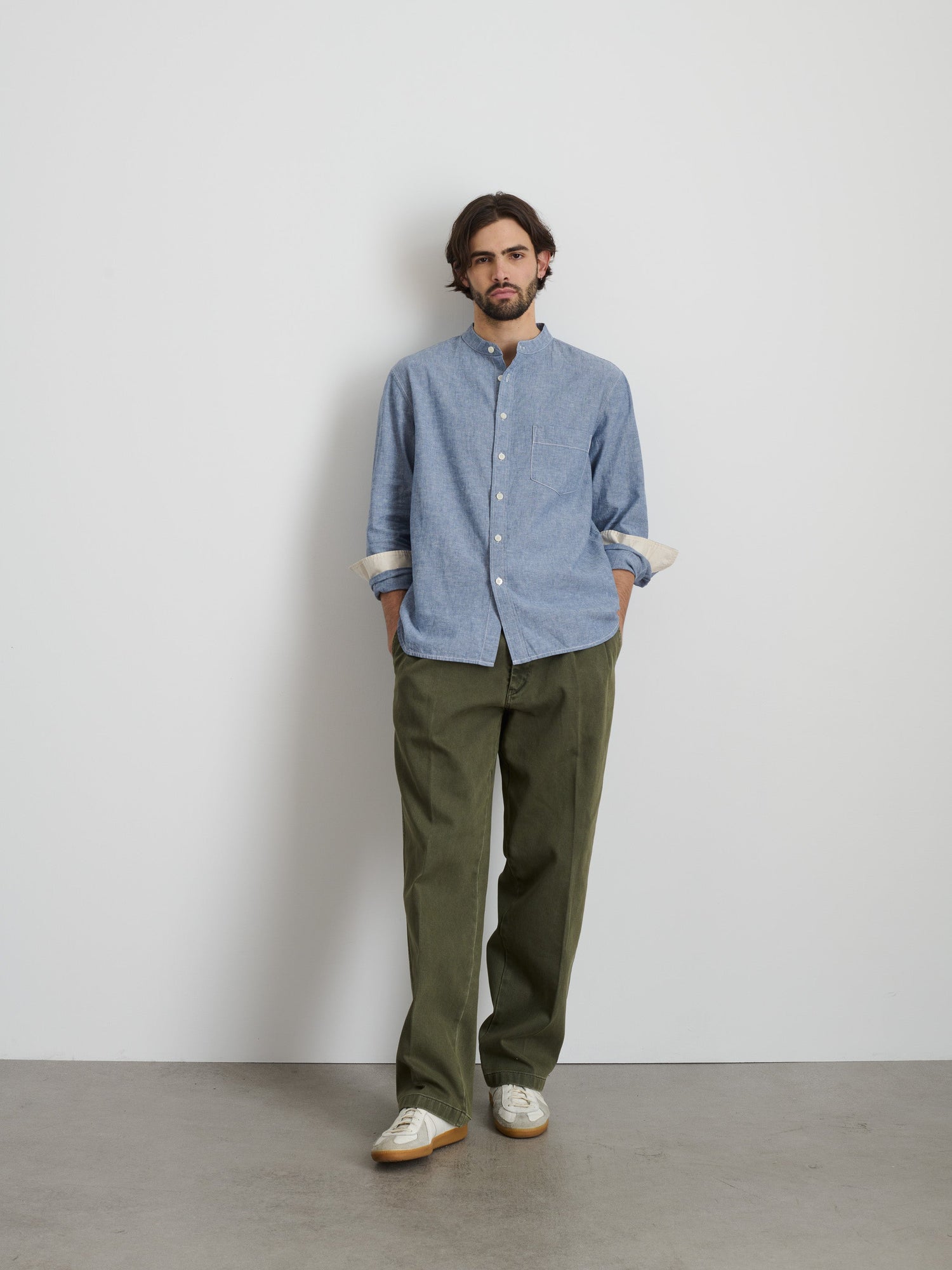 Men | Easy Band Collar Shirt | Chambray Blue Chambray