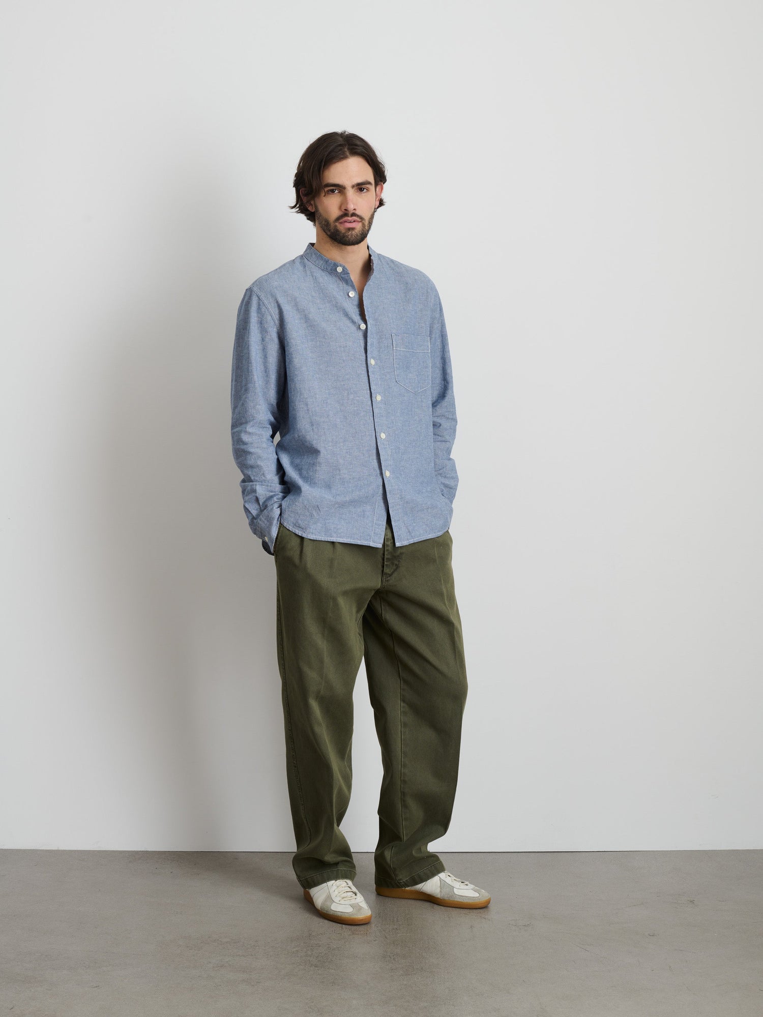 Men | Easy Band Collar Shirt | Chambray Blue Chambray