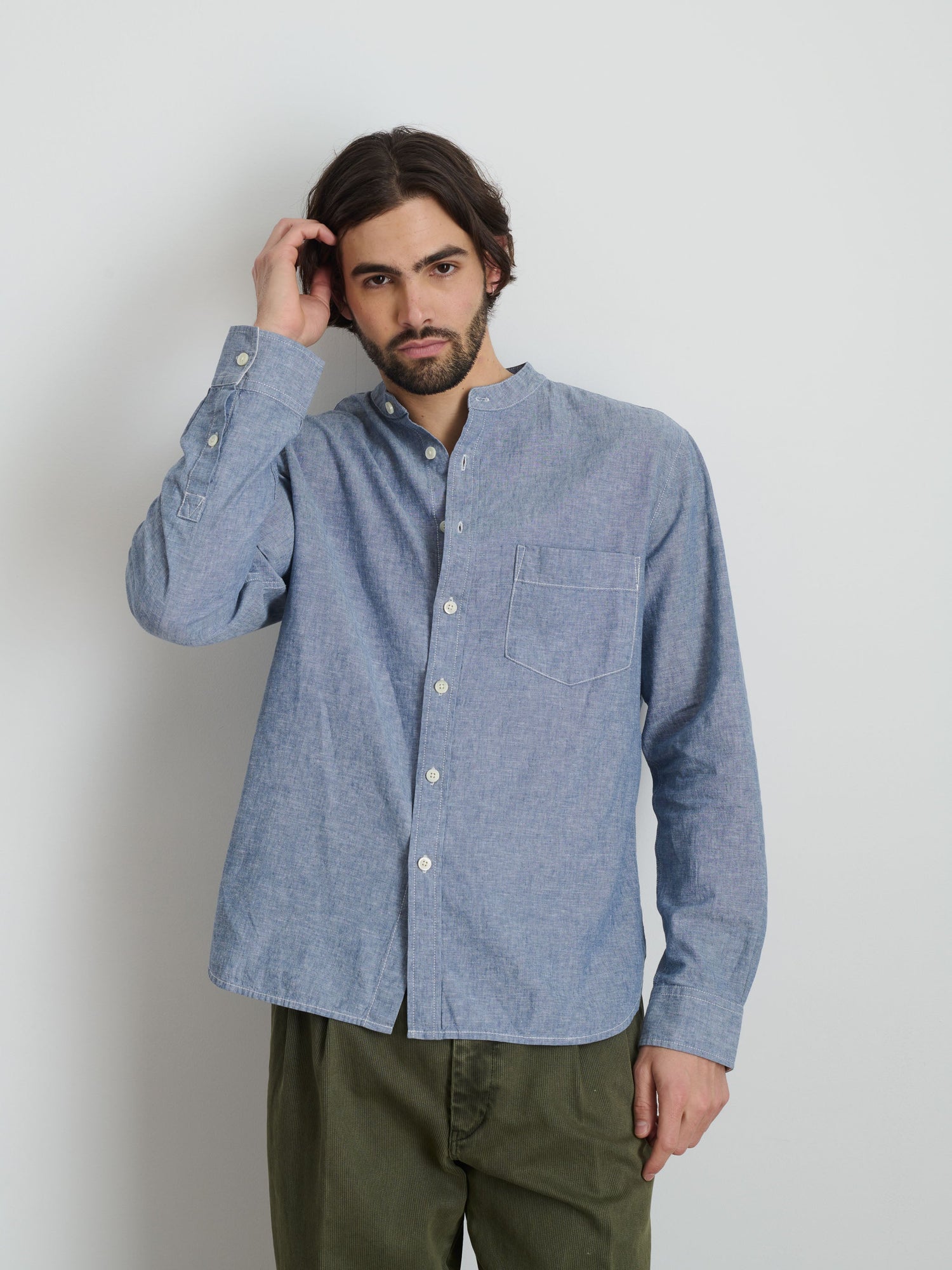 Men | Easy Band Collar Shirt | Chambray Blue Chambray