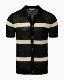 Mens | Linen Short Sleeve Button Up Sweater | Black/Egret