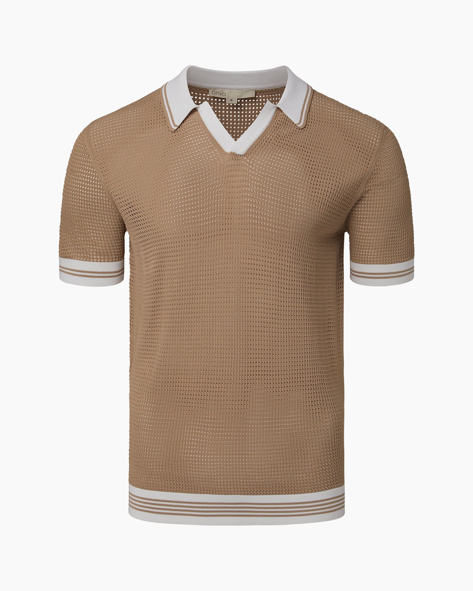 Mens | Mesh Knit Johnny Collar Polo | Tan/White