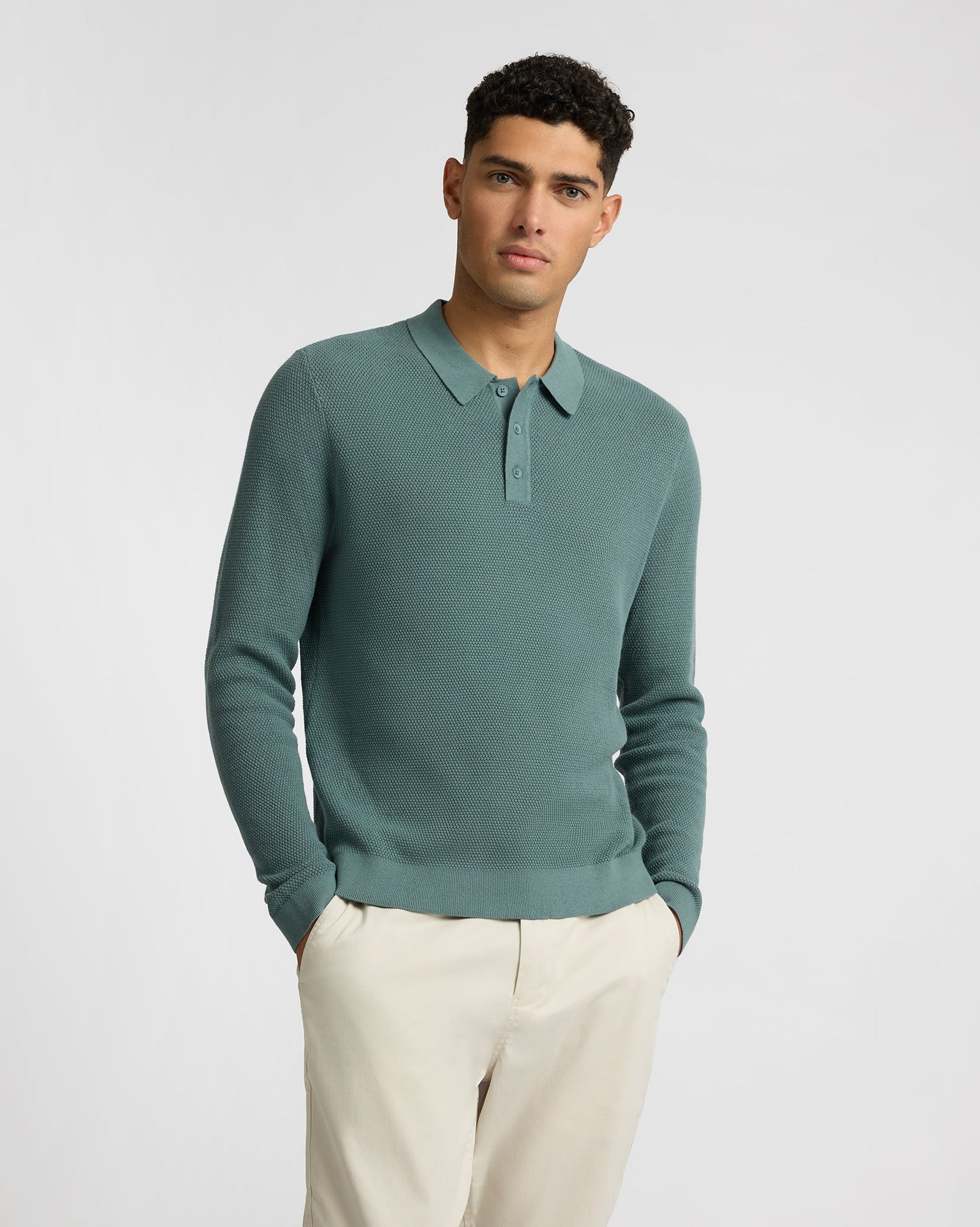 Mens | Cotton Textured Knit Long Sleeve Polo Sweatshirt | Fern