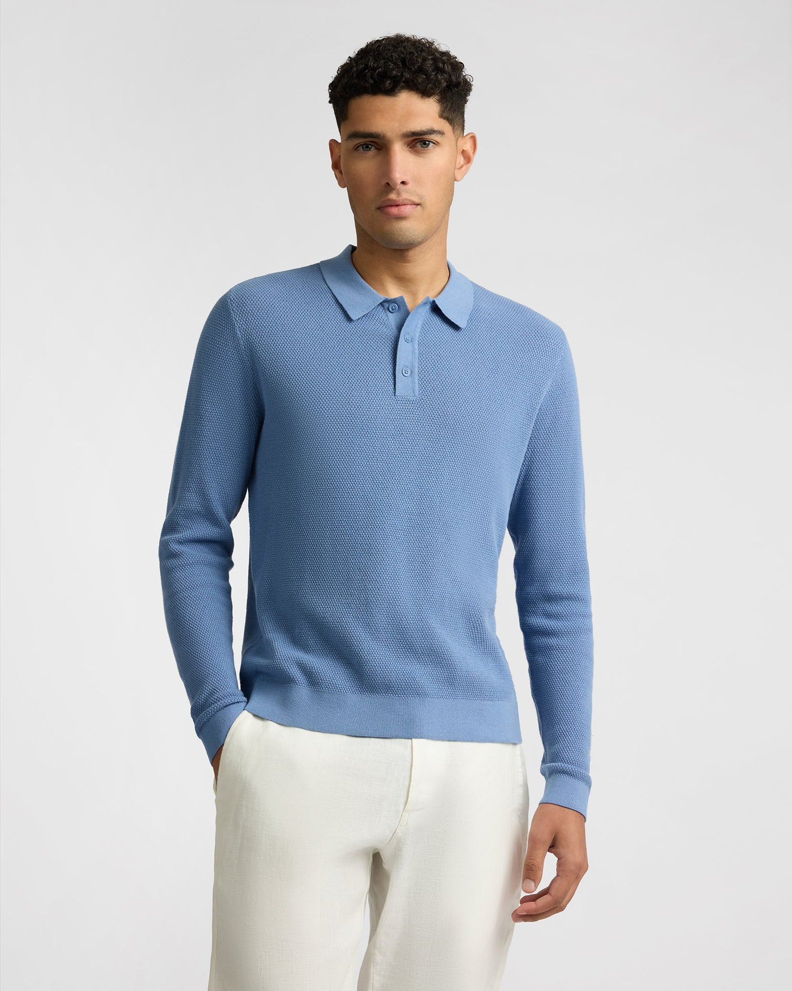 Mens | Cotton Textured Knit Long Sleeve Polo Sweatshirt | Indigo