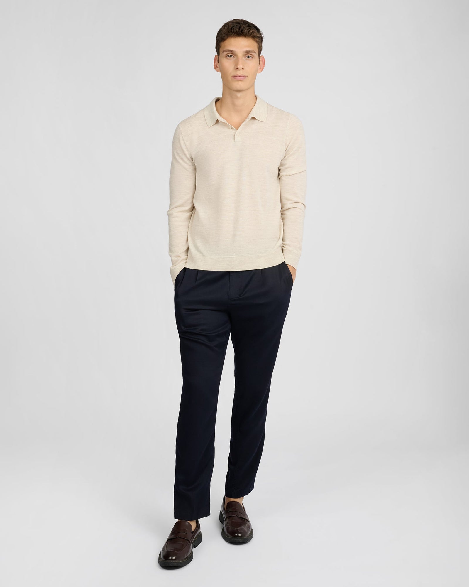 Mens | Extra Fine Merino Wool Long Sleeve Polo | Stone Melange
