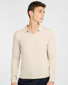 Mens | Extra Fine Merino Wool Long Sleeve Polo | Stone Melange