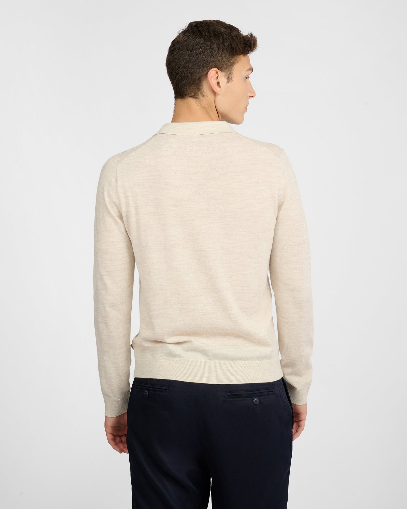 Mens | Extra Fine Merino Wool Long Sleeve Polo | Stone Melange
