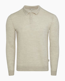 Mens | Extra Fine Merino Wool Long Sleeve Polo | Stone Melange