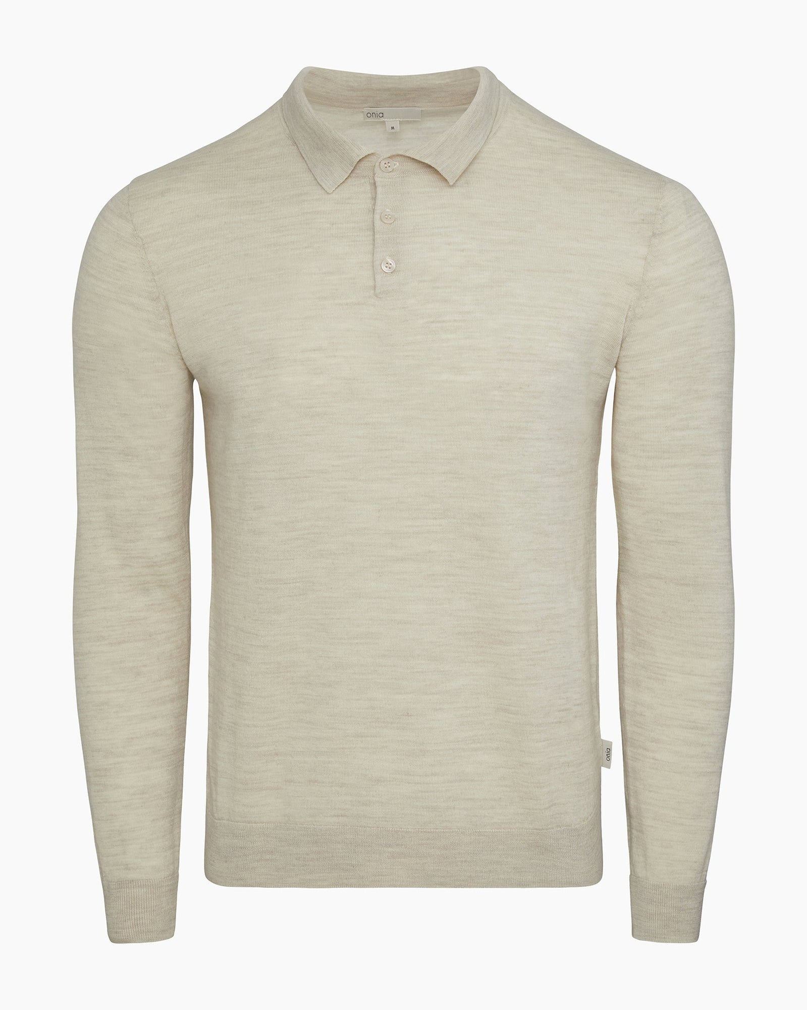 Mens | Extra Fine Merino Wool Long Sleeve Polo | Stone Melange