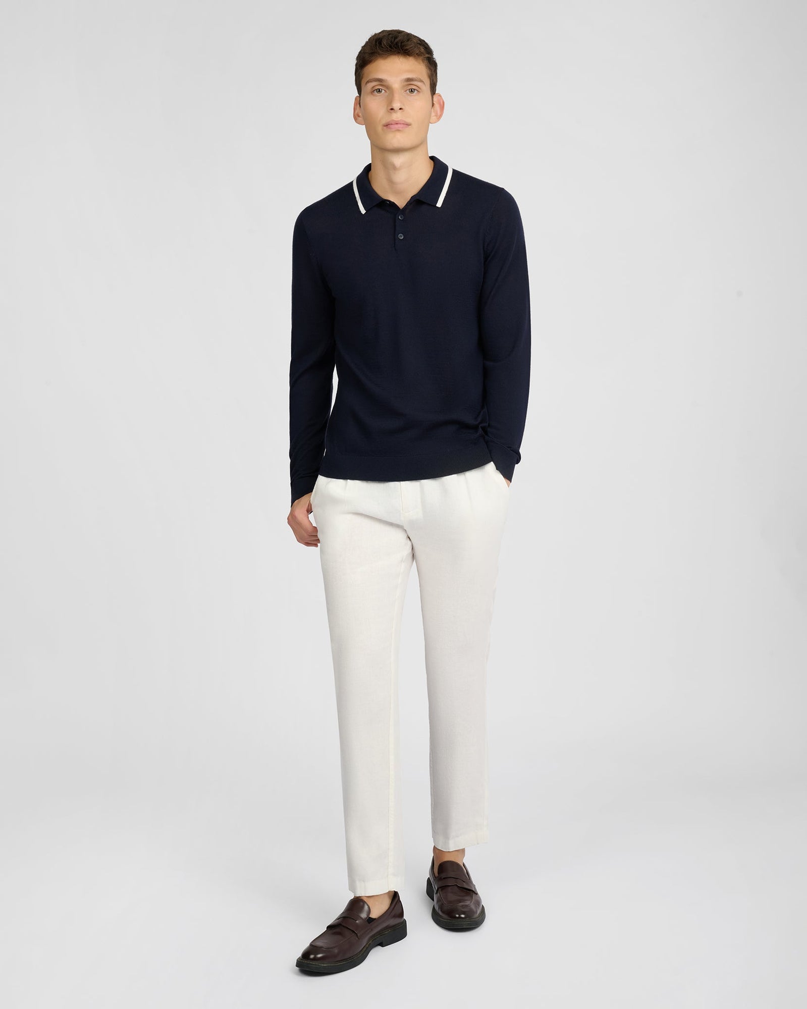 Mens | Extra Fine Merino Wool Long Sleeve Polo | Medium Chambray