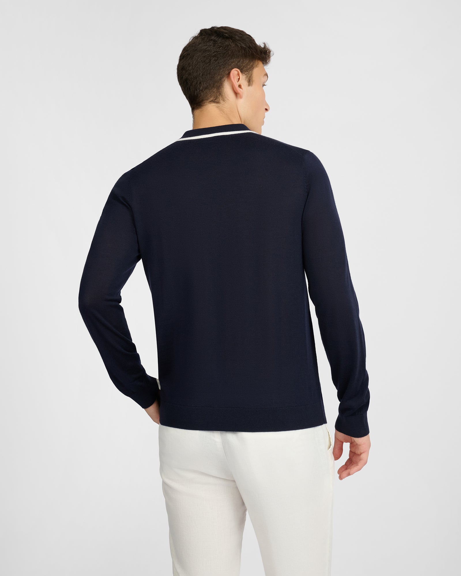 Mens | Extra Fine Merino Wool Long Sleeve Polo | Medium Chambray