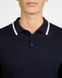 Mens | Extra Fine Merino Wool Long Sleeve Polo | Medium Chambray