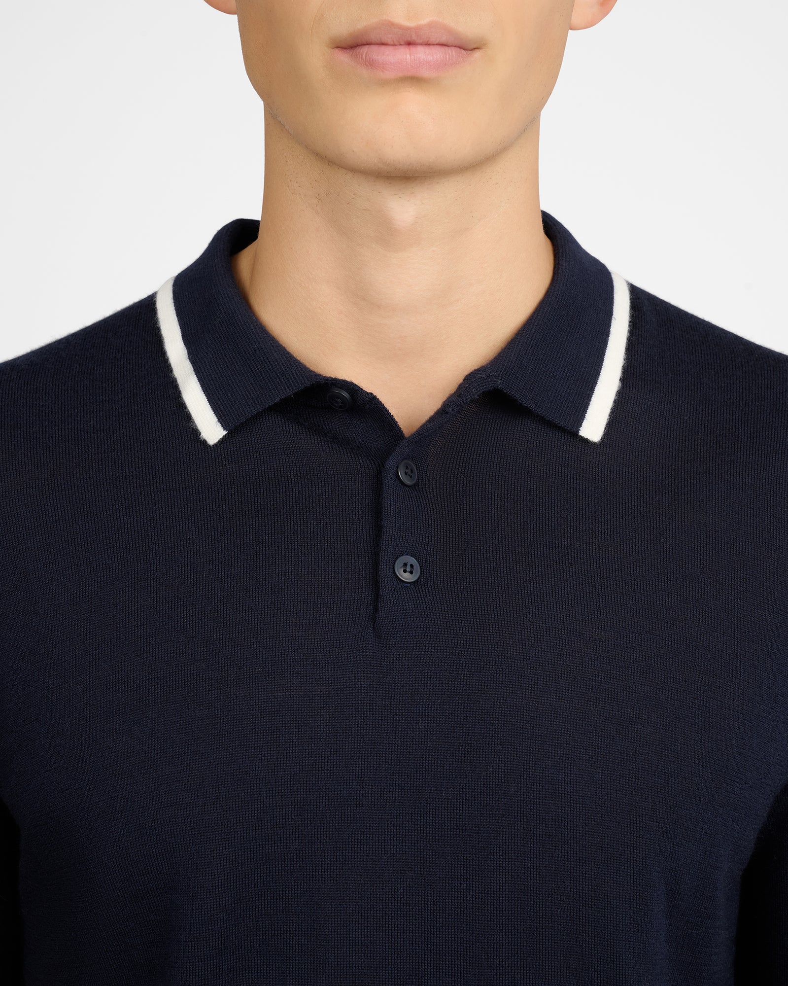 Mens | Extra Fine Merino Wool Long Sleeve Polo | Medium Chambray