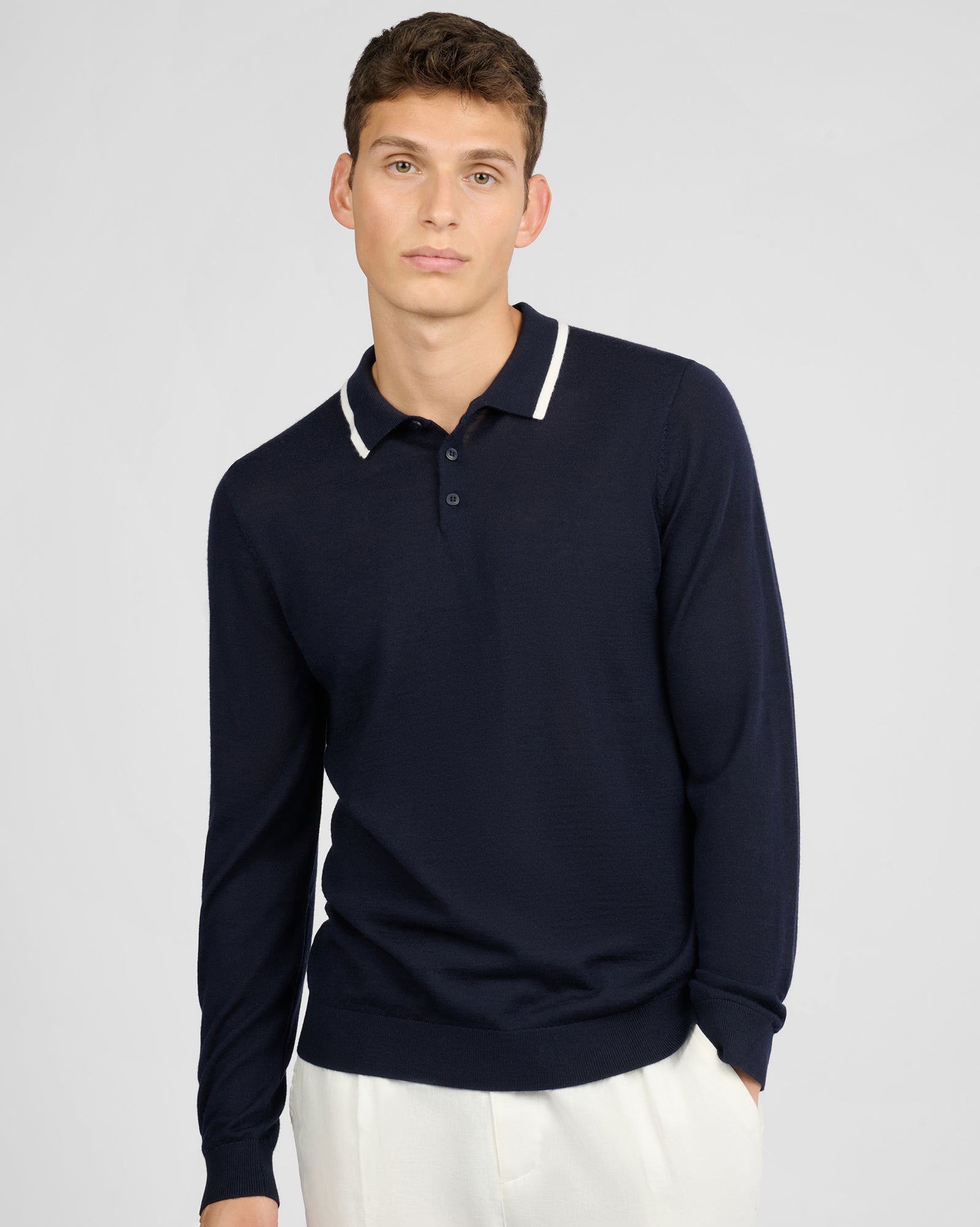 Mens | Extra Fine Merino Wool Long Sleeve Polo | Medium Chambray