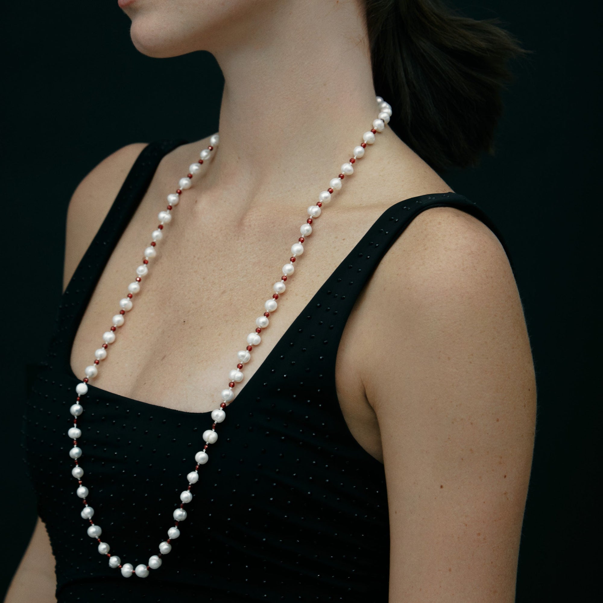 Po Po Necklace | Sterling Silver | Freshwater Pearls/Red Garnet