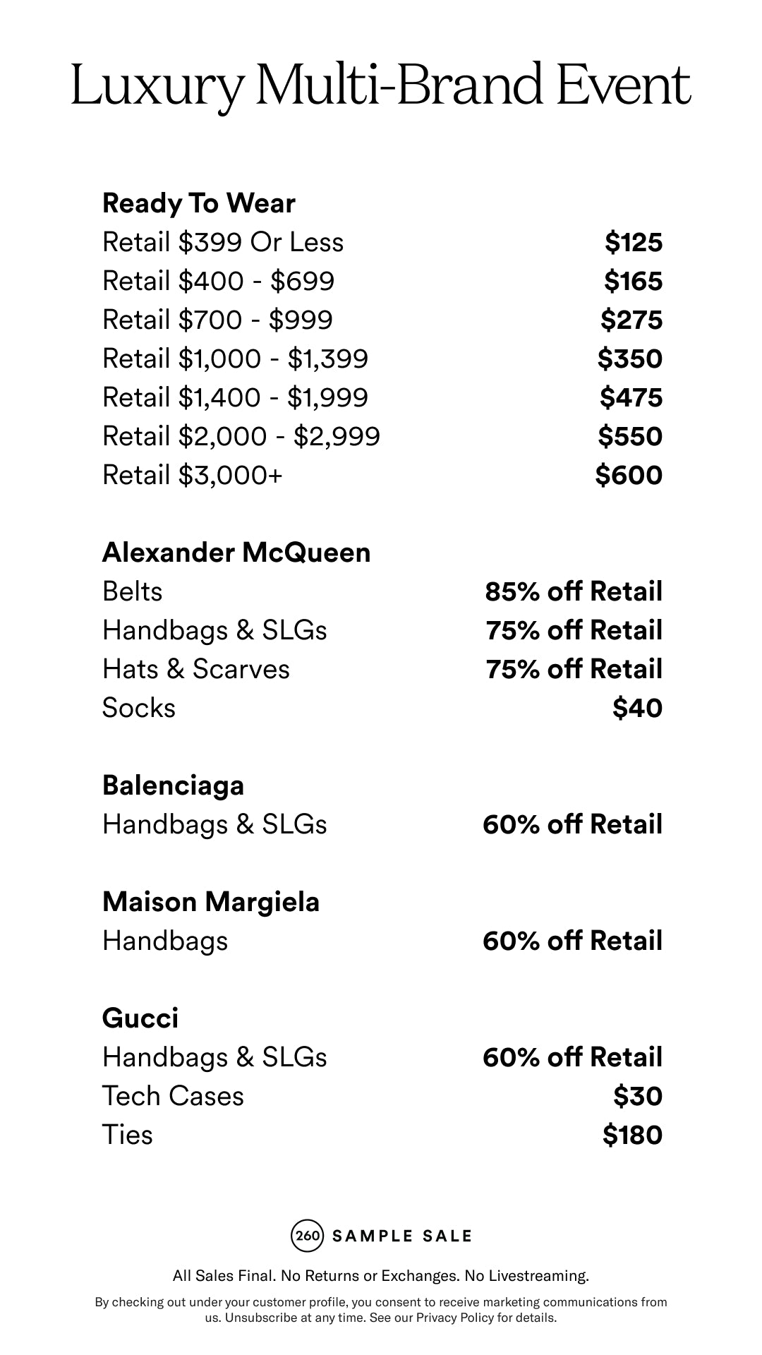 Price table