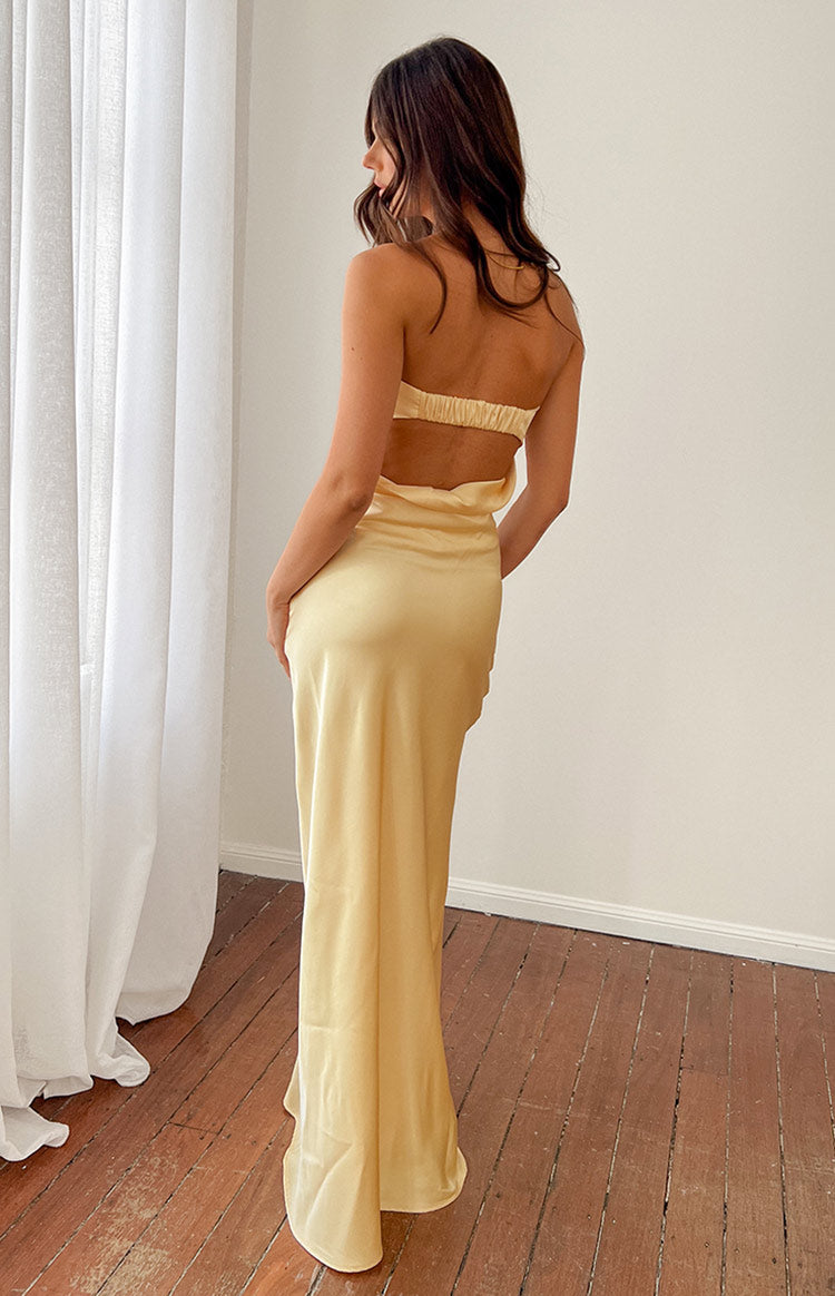 yellow maxi strapless dress Maiah Yellow Satin Maxi Dress