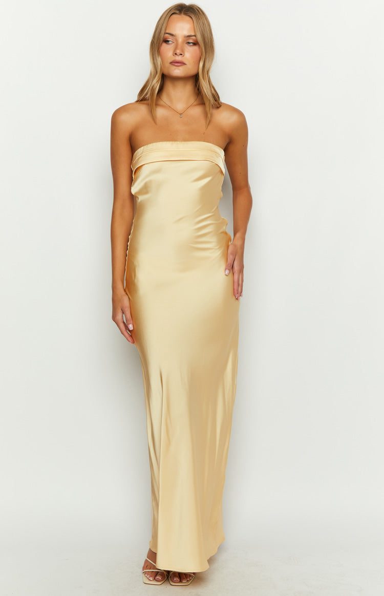 yellow maxi strapless dress Maiah Yellow Satin Maxi Dress