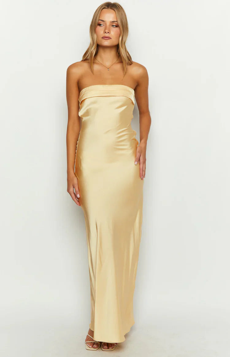 maxi dress yellow Maiah Yellow Satin Maxi Dress