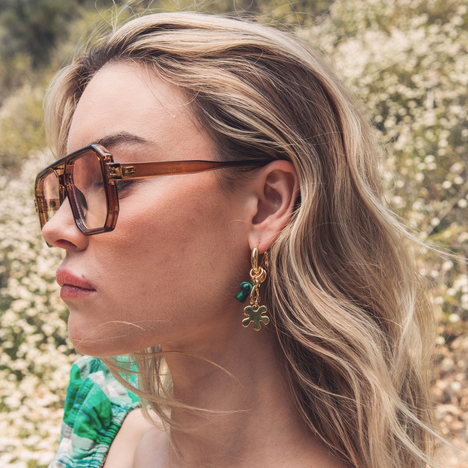 Riley Charm Earrings | Malachite/Crystal | 14K Gold Plated Brass