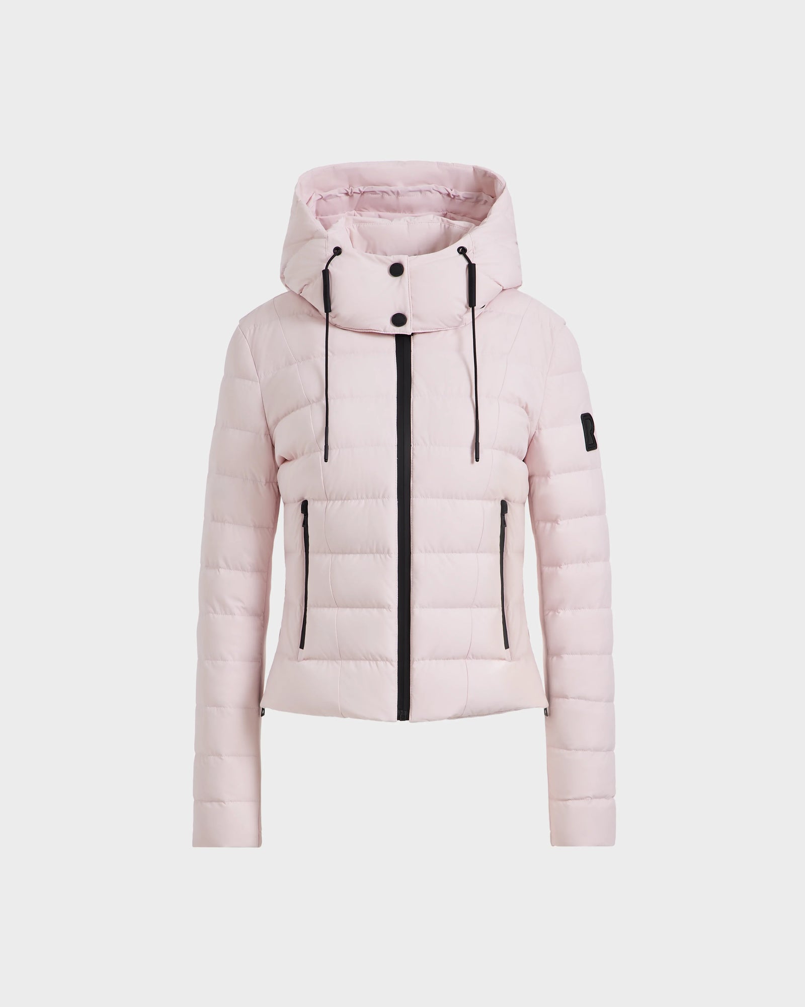 The MELISSA - 8125054 Light Pink by Rudsak is a womens hooded puffer jacket with black drawstrings, zipper, button details, water-resistant fabric, horizontal quilting, and two front pockets. Shown on a plain white background.