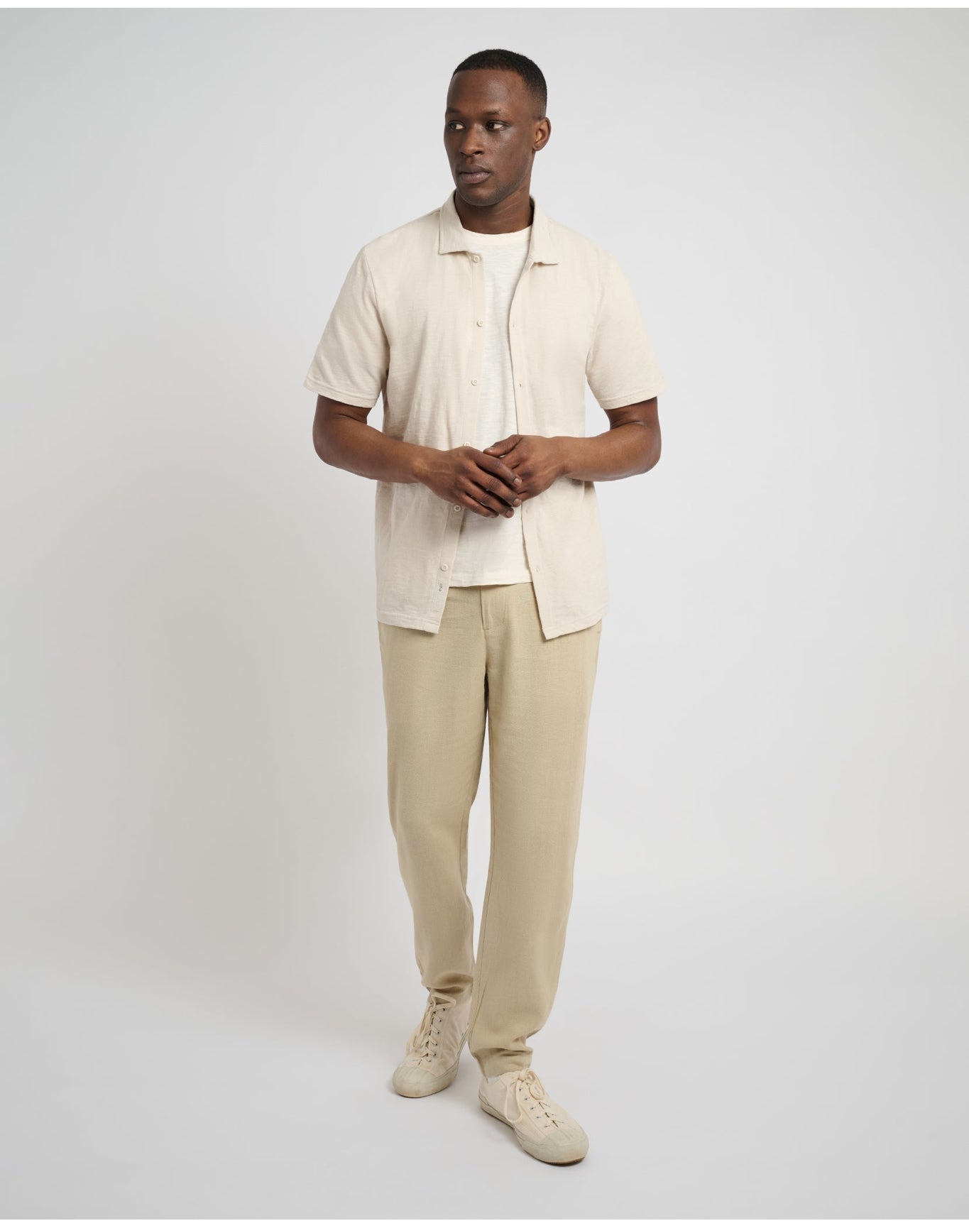 Men | Button Front Elastic Linen Pant | Sand