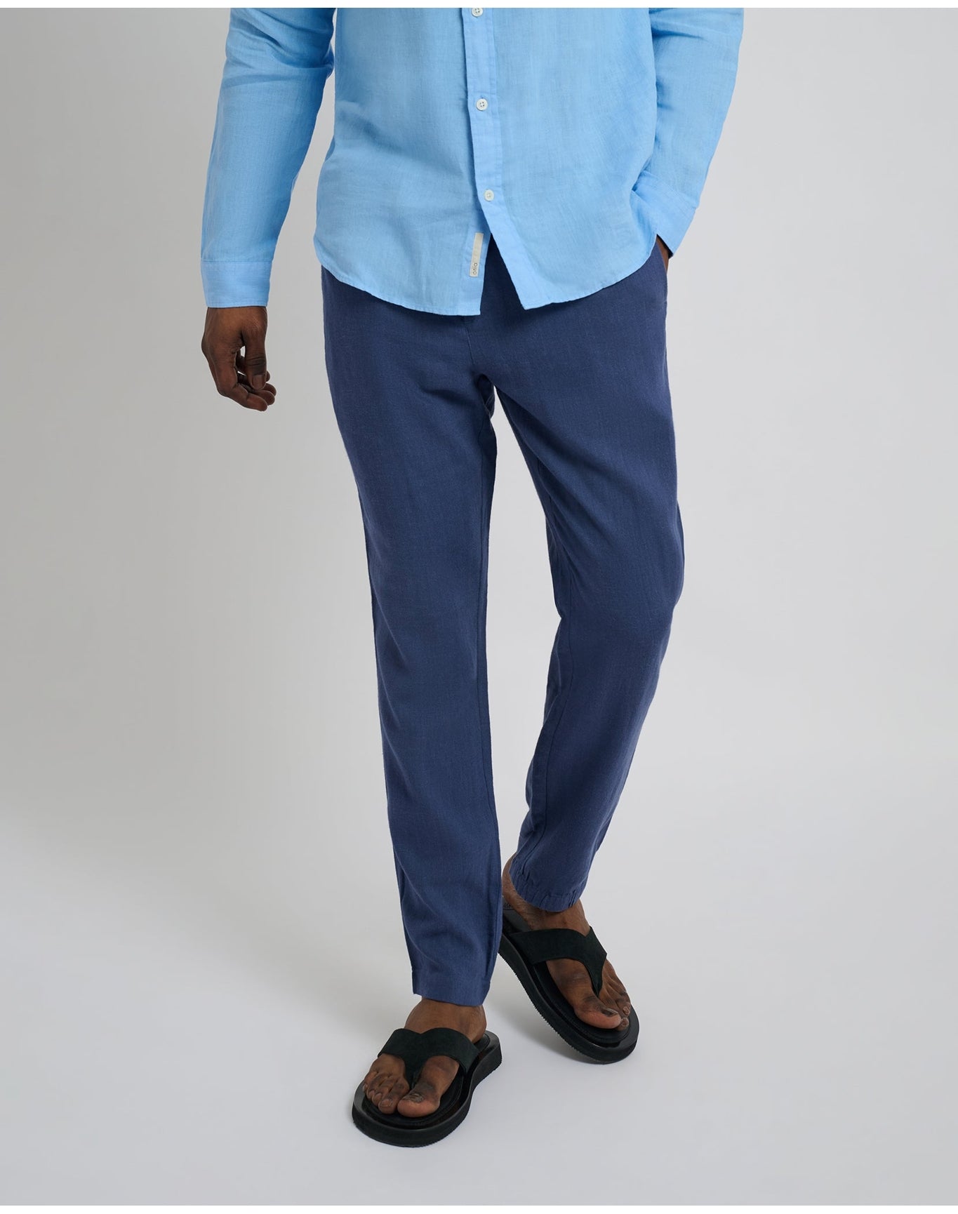 Men | Button Front Elastic Linen Pant | Vintage Indigo