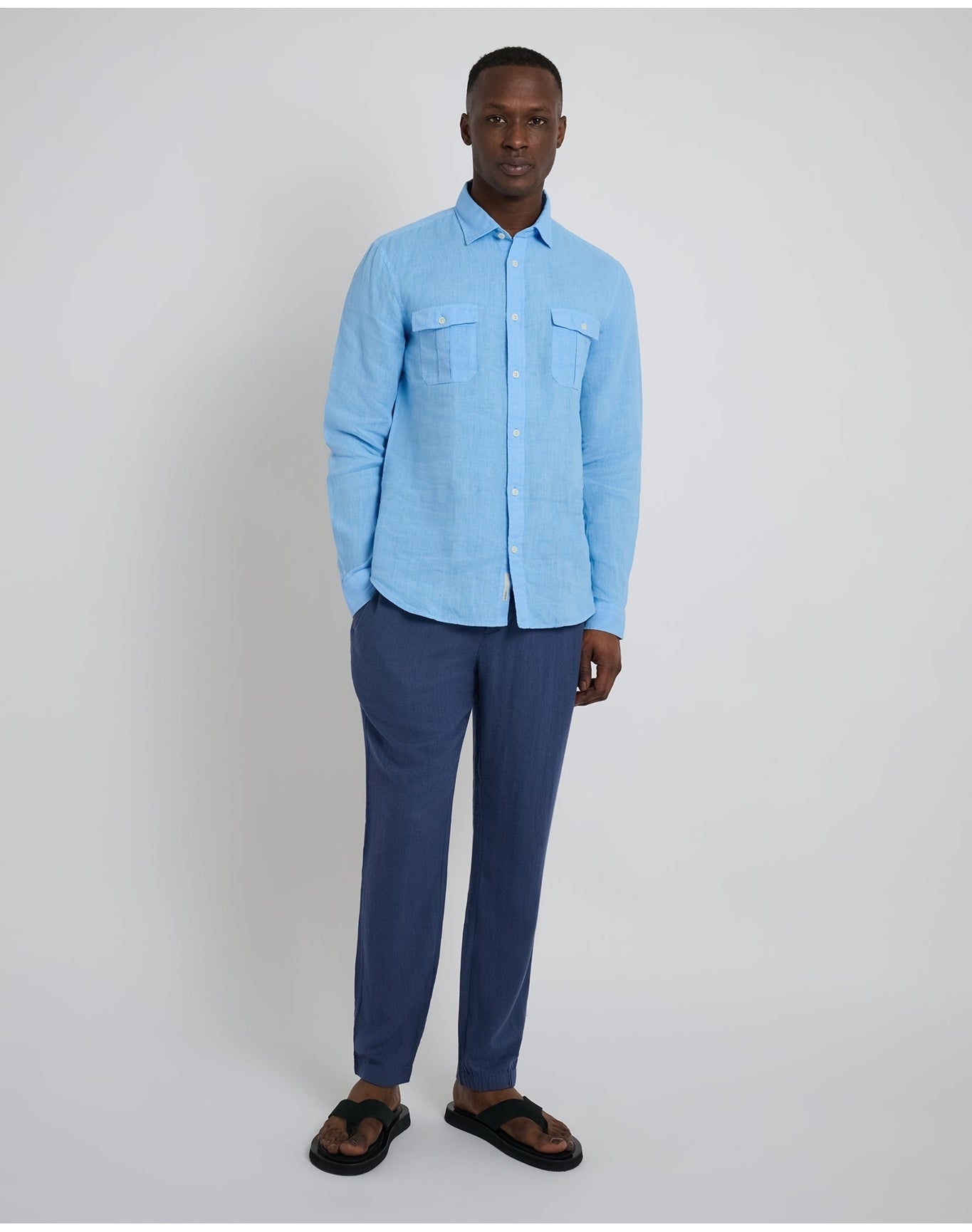Men | Button Front Elastic Linen Pant | Vintage Indigo