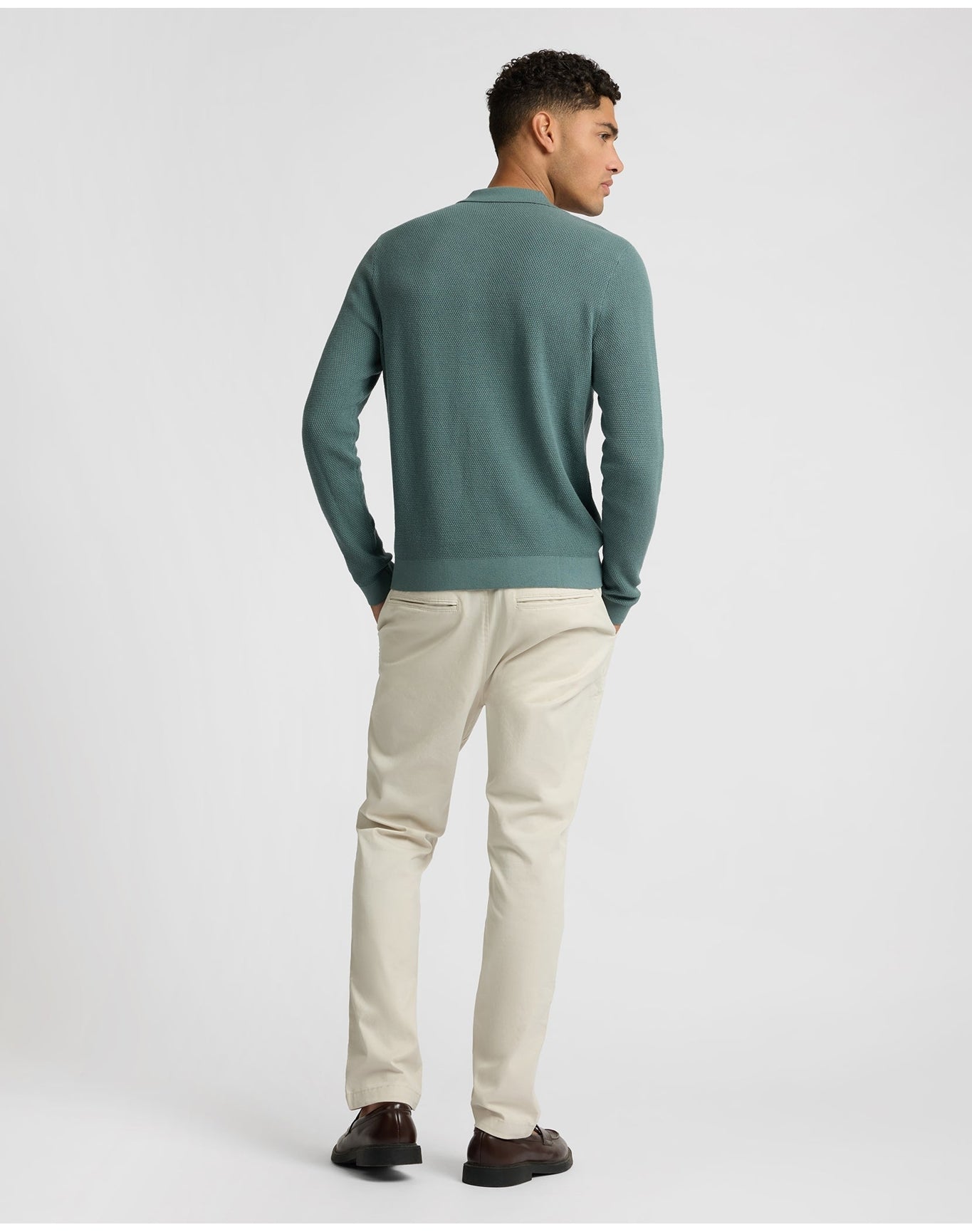 Men | Cotton Textured Knit Long Sleeve Polo Sweatshirt | Fern