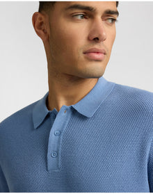 Men | Cotton Textured Knit Long Sleeve Polo Sweatshirt | Indigo