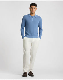Men | Cotton Textured Knit Long Sleeve Polo Sweatshirt | Indigo