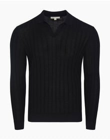 Men | Extra Fine Merino Wool Long Sleeve Johnny Collar Polo | Black