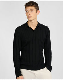 Men | Extra Fine Merino Wool Long Sleeve Johnny Collar Polo | Black