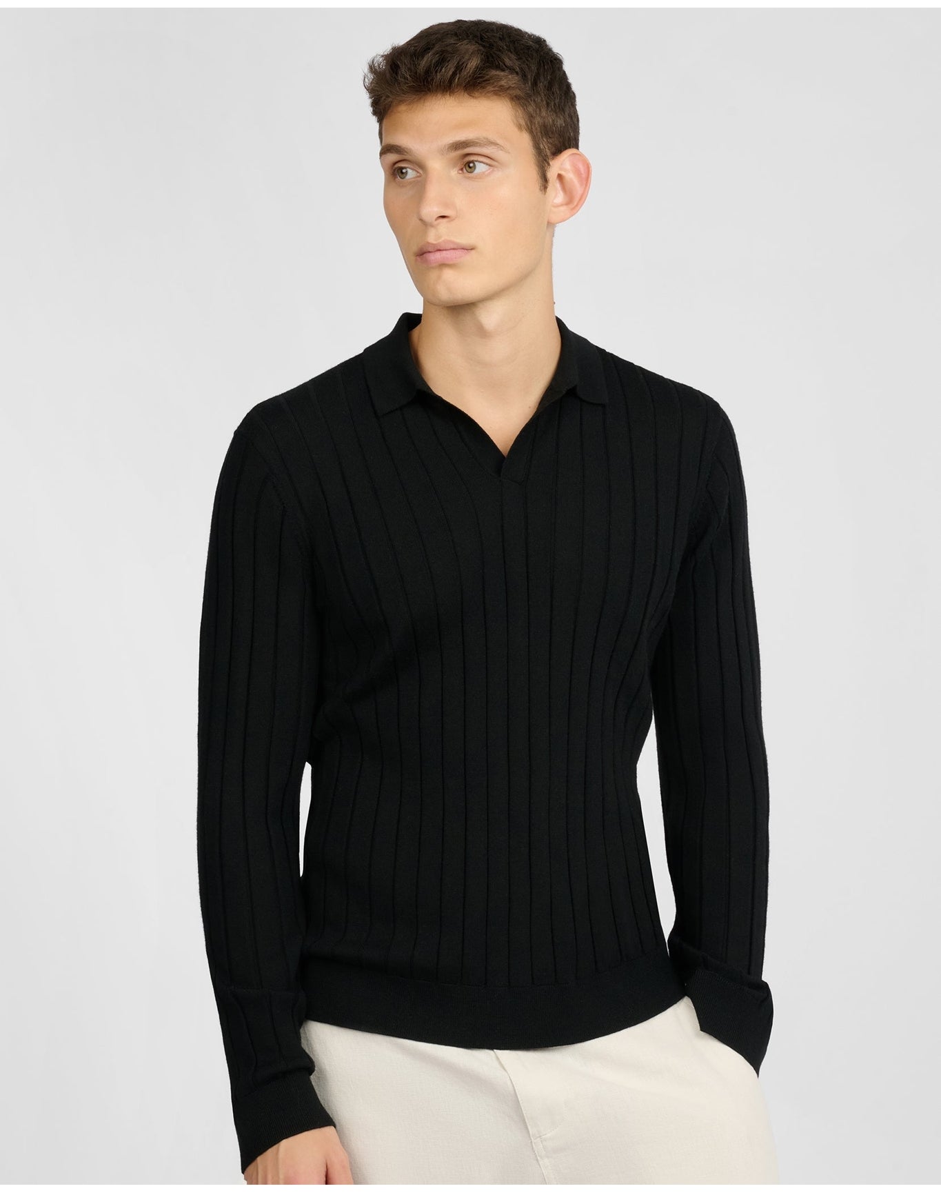 Men | Extra Fine Merino Wool Long Sleeve Johnny Collar Polo | Black