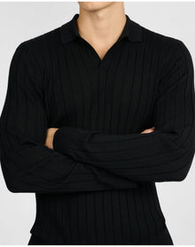 Men | Extra Fine Merino Wool Long Sleeve Johnny Collar Polo | Black