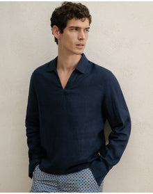 Men | Linen Long Sleeve Popover Shirt | Midnight