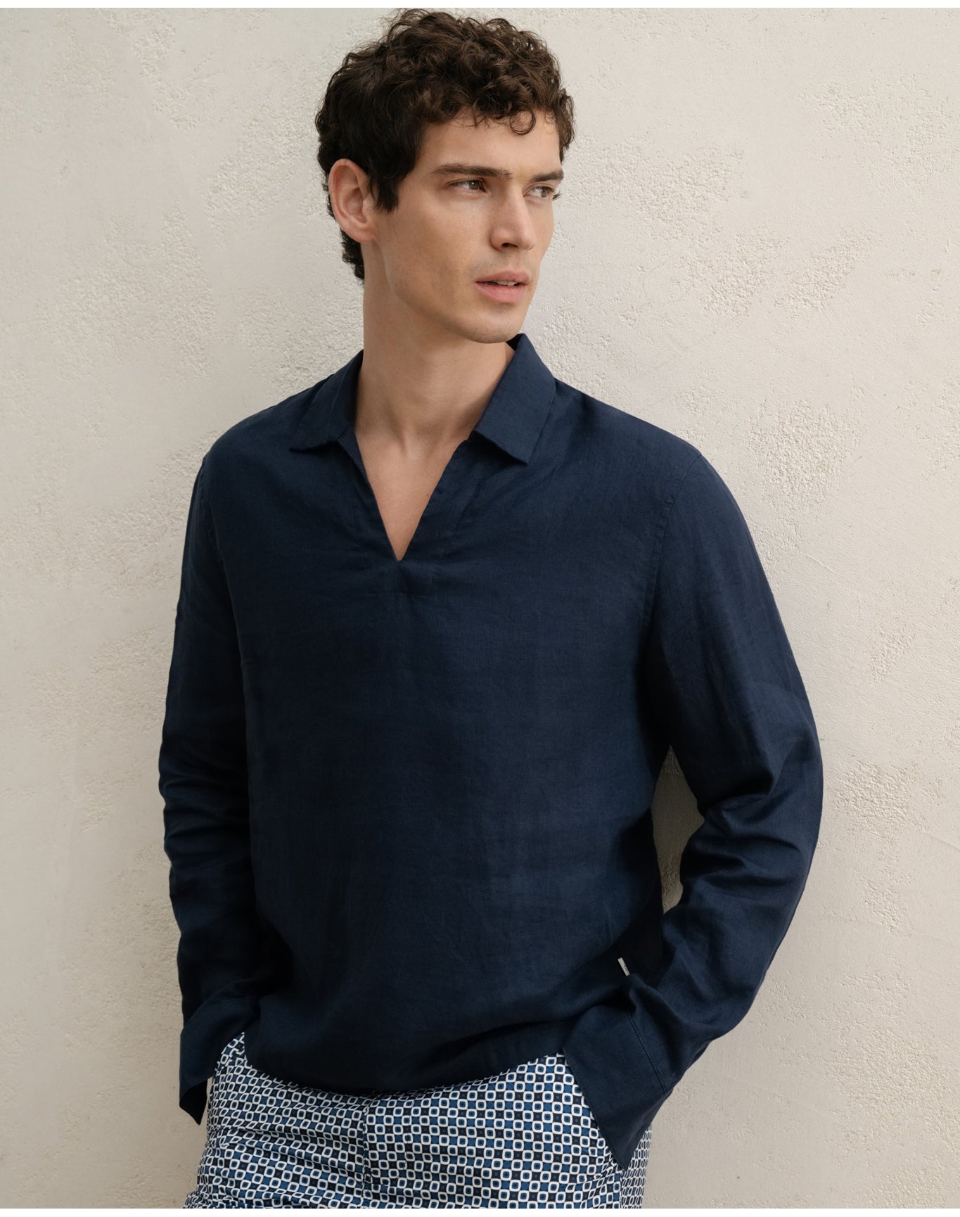 Men | Linen Long Sleeve Popover Shirt | Midnight