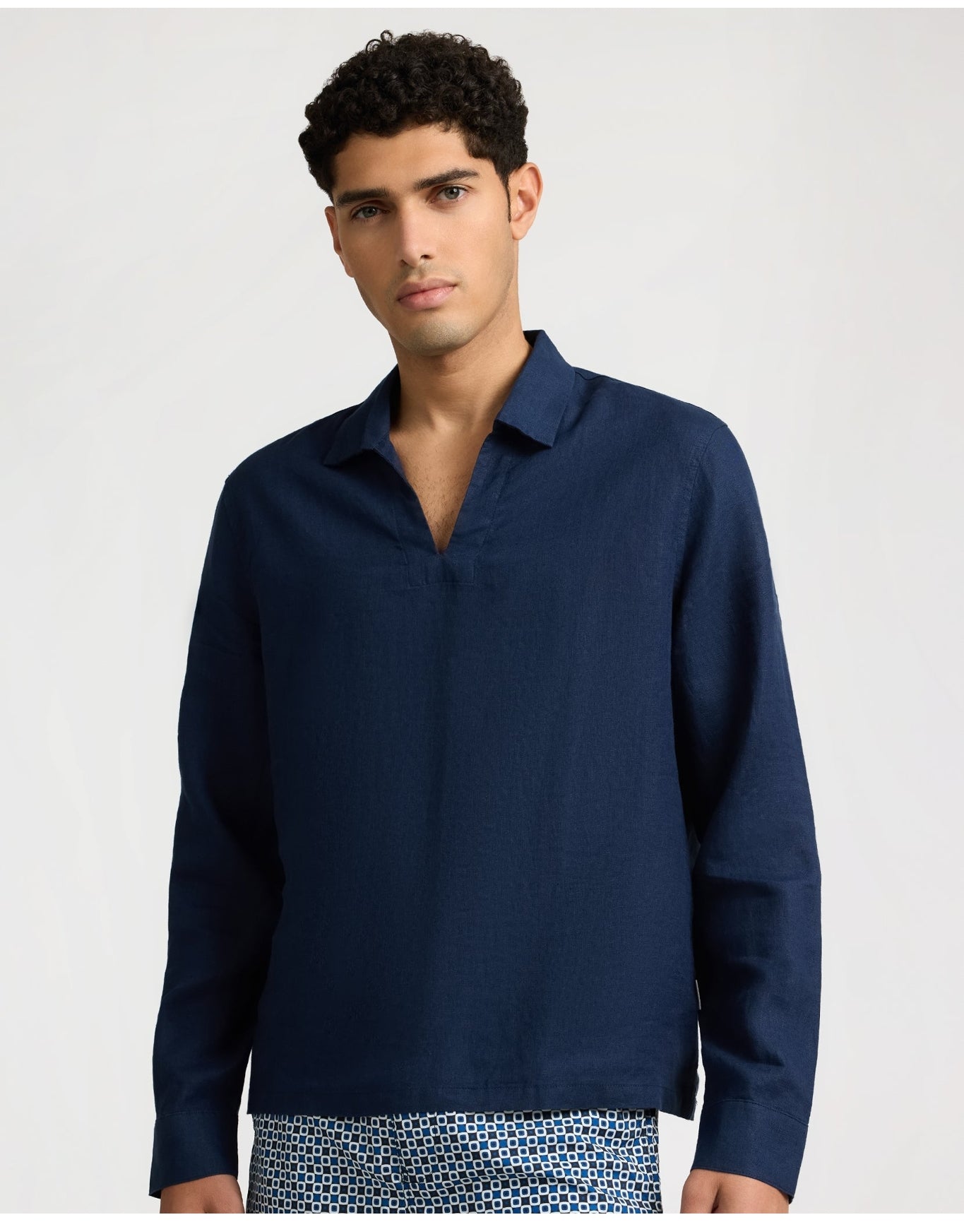 Men | Linen Long Sleeve Popover Shirt | Midnight