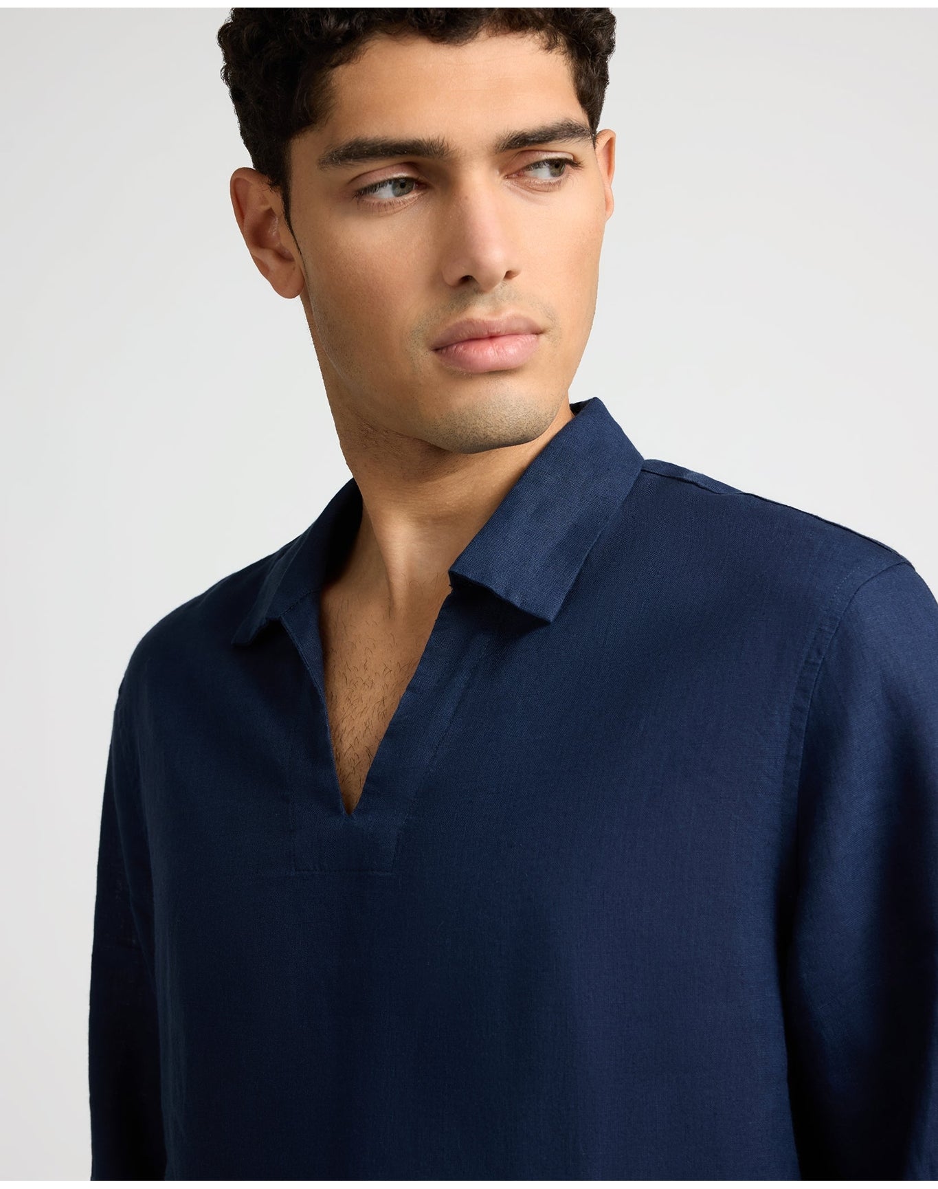 Men | Linen Long Sleeve Popover Shirt | Midnight