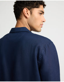Men | Linen Long Sleeve Popover Shirt | Midnight