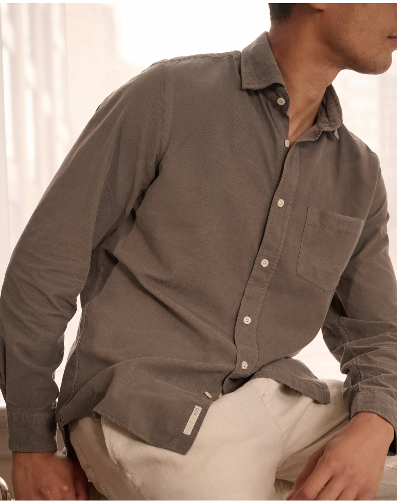 Men | Micro Cord Long Sleeve Button Down Shirt | Dark Sage