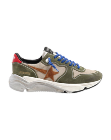 Men | Running Sole Sneakers Net & Suede Upper with Brown Star & Red Leather Heel | Beige x Light Green x Brown x Red