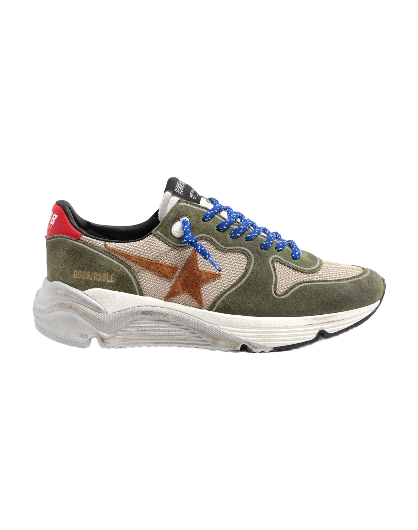 Men | Running Sole Sneakers Net & Suede Upper with Brown Star & Red Leather Heel | Beige x Light Green x Brown x Red